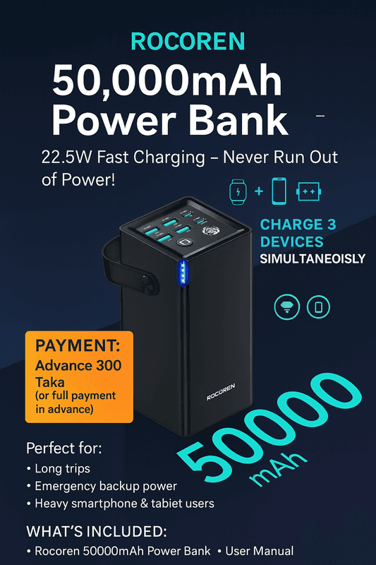 Rocoren 50,000mAh 22.5W Power Bank With Fast Charging 6 Ports USB + Type-C Powerbank With Flashlight - Image 1